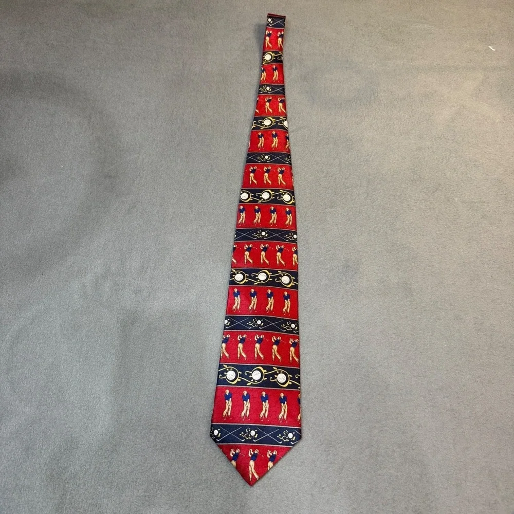 Woodward Vintage Red Silk‎ Golf Tie Novelty Golfer Sports Theme Necktie